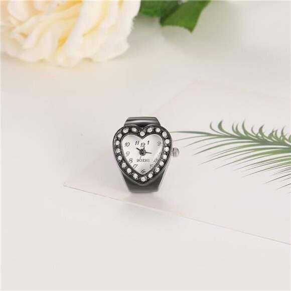 Romantic Black Heart Watch Ring – Crystal-Accented Timepiece Jewelry - Picture 4 of 6